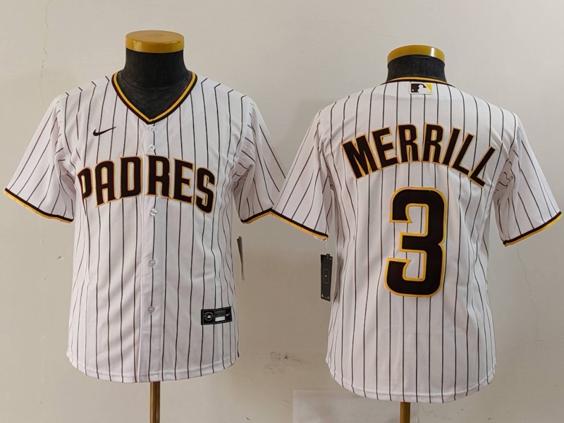 Youth San Diego Padres #3 Jackson Merrill White Stitched Baseball Jersey Youth San Diego Padres #3 Jackson Merrill White Stitched Baseball Jersey
